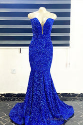 Royal Blue Sequins Strapless Mermaid Long Prom Dress